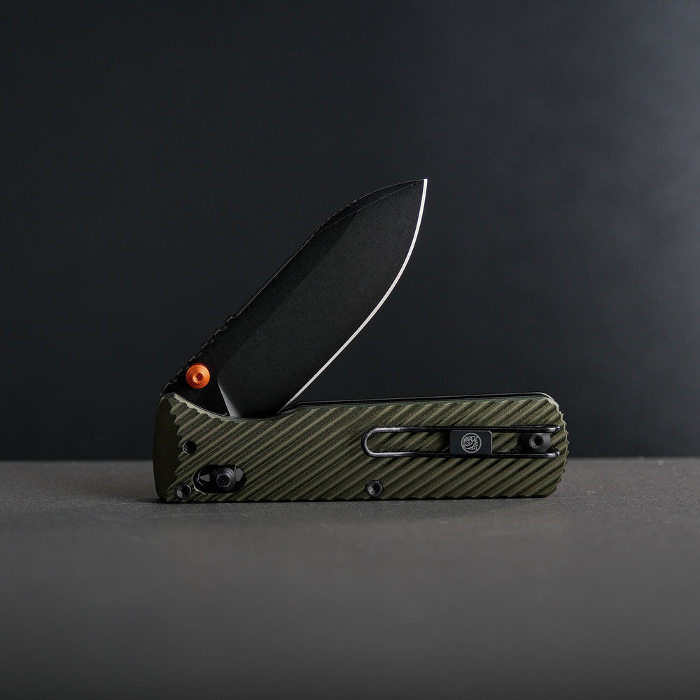 Vosteed Vombat Crossbar Lock Knife 2.92" M390 Black Stonewash Blade Olive Green Aluminum Handle A4105