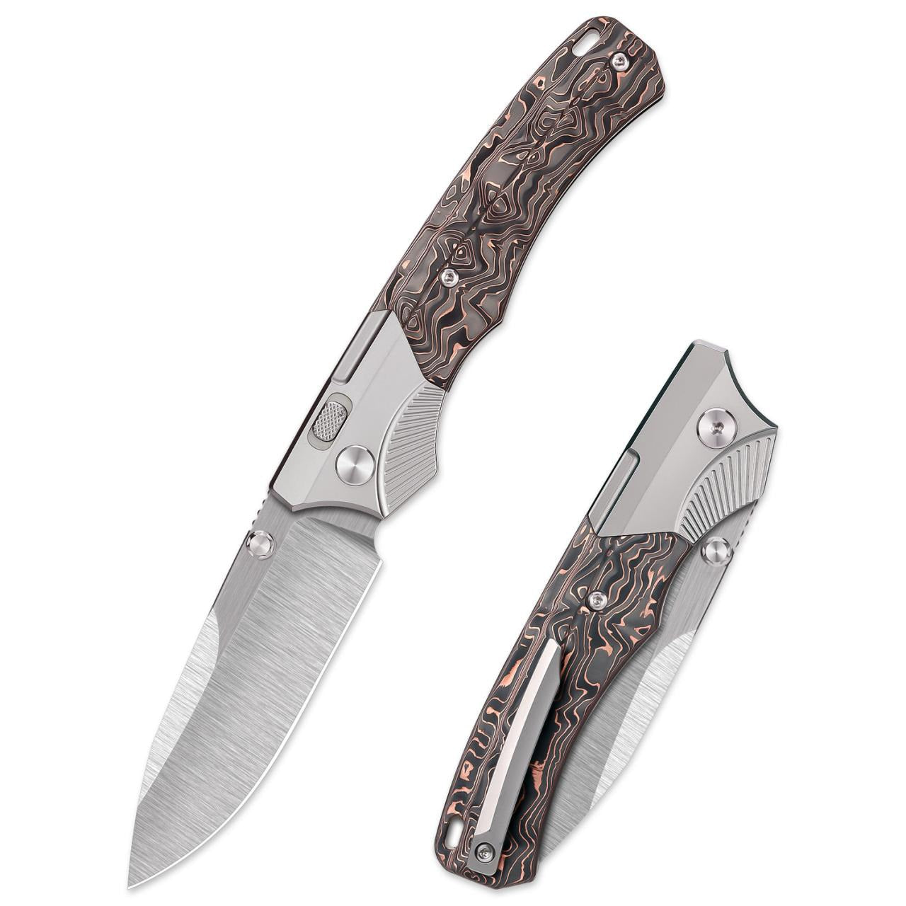 Remette WD107-TB – 3.23″ M390 drop point, flamed copper titanium folding knife