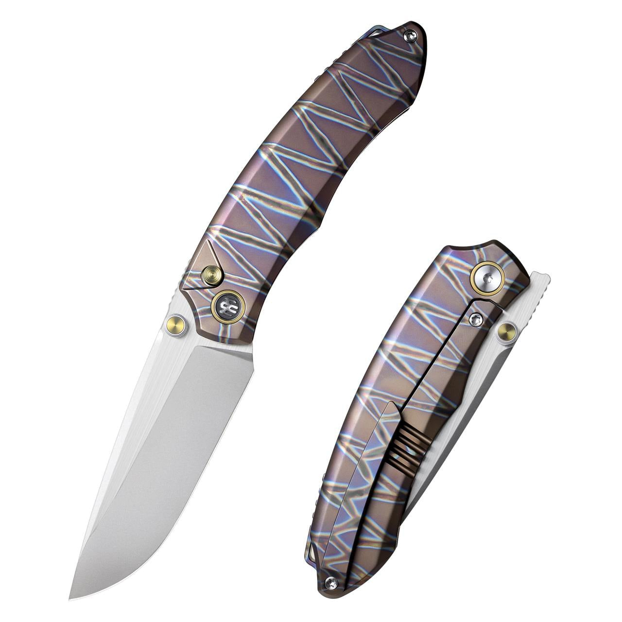 Remette Wild Species WD108-N4 – 3.27″ M390 drop point, tiger stripe anodized titanium folding knife