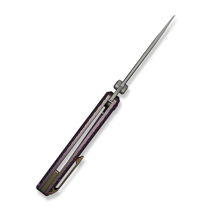 Side view of purple and gold titanium handle WE Knife Dracarys WE25061B-2 with open blade
