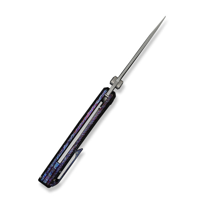 Side view of WE Knife Dracarys with fish scale handle and open blade