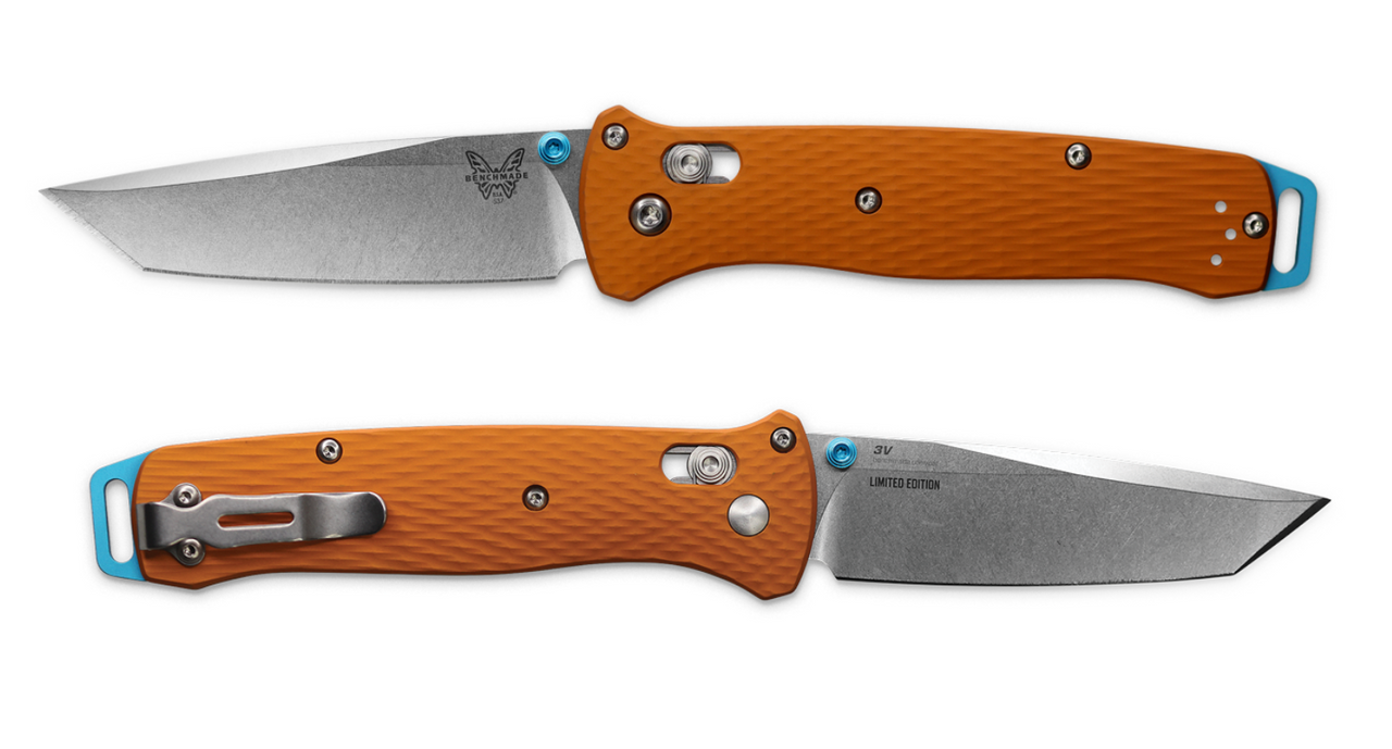 Benchmade Bailout 537-2301 – 3.38" CPM-3V tanto blade, orange anodized aluminum handle with cyan hardware, SHOT Show 2023 Limited Edition