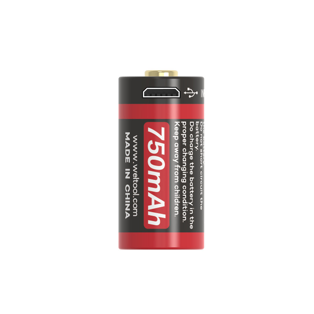 Weltool UB-123A rechargeable CR123A battery with Micro-USB charging port