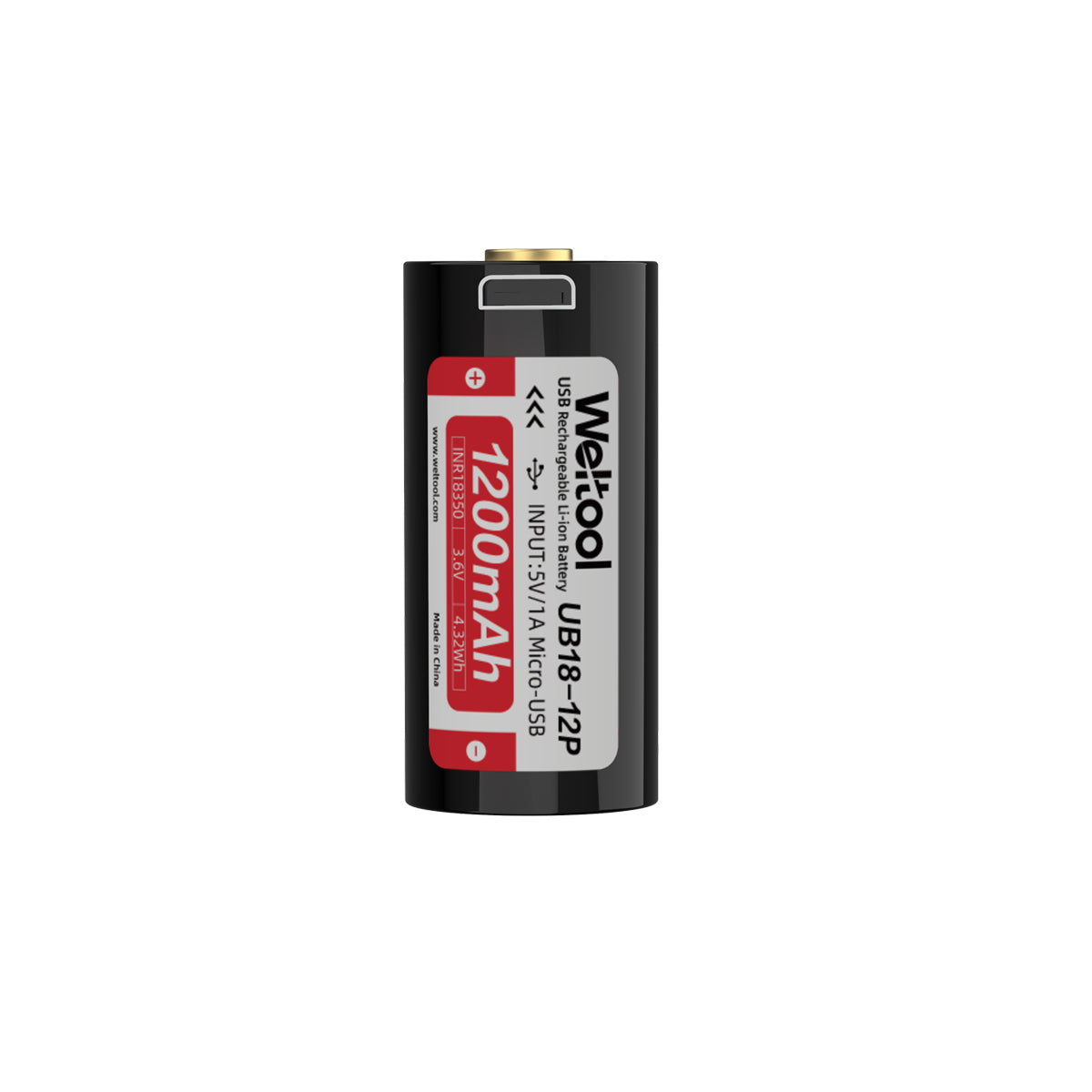 Weltool UB18-12P (WEL-UB18-12P) — 18350 high-drain battery angled view, 1200mAh 8A USB rechargeable Li-ion