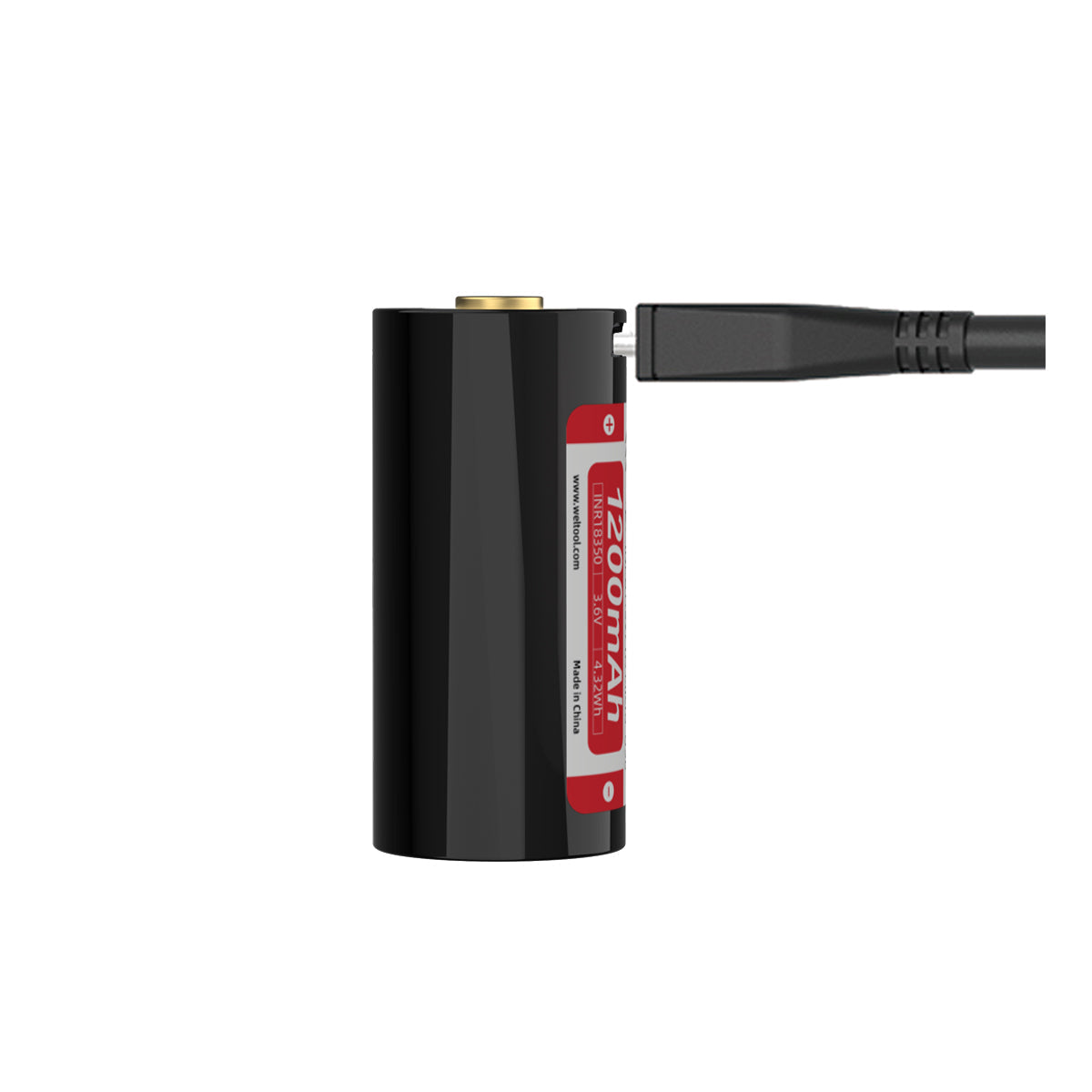 Weltool UB18-12P (WEL-UB18-12P) — raised positive terminal detail, 18350 8A high-drain USB rechargeable battery