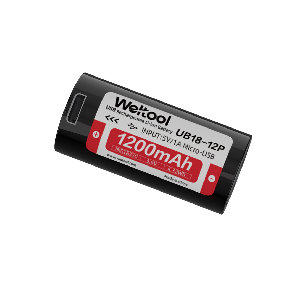 Weltool UB18-12P (WEL-UB18-12P) — USB charging port detail, 18350 1200mAh 8A high-drain Li-ion battery