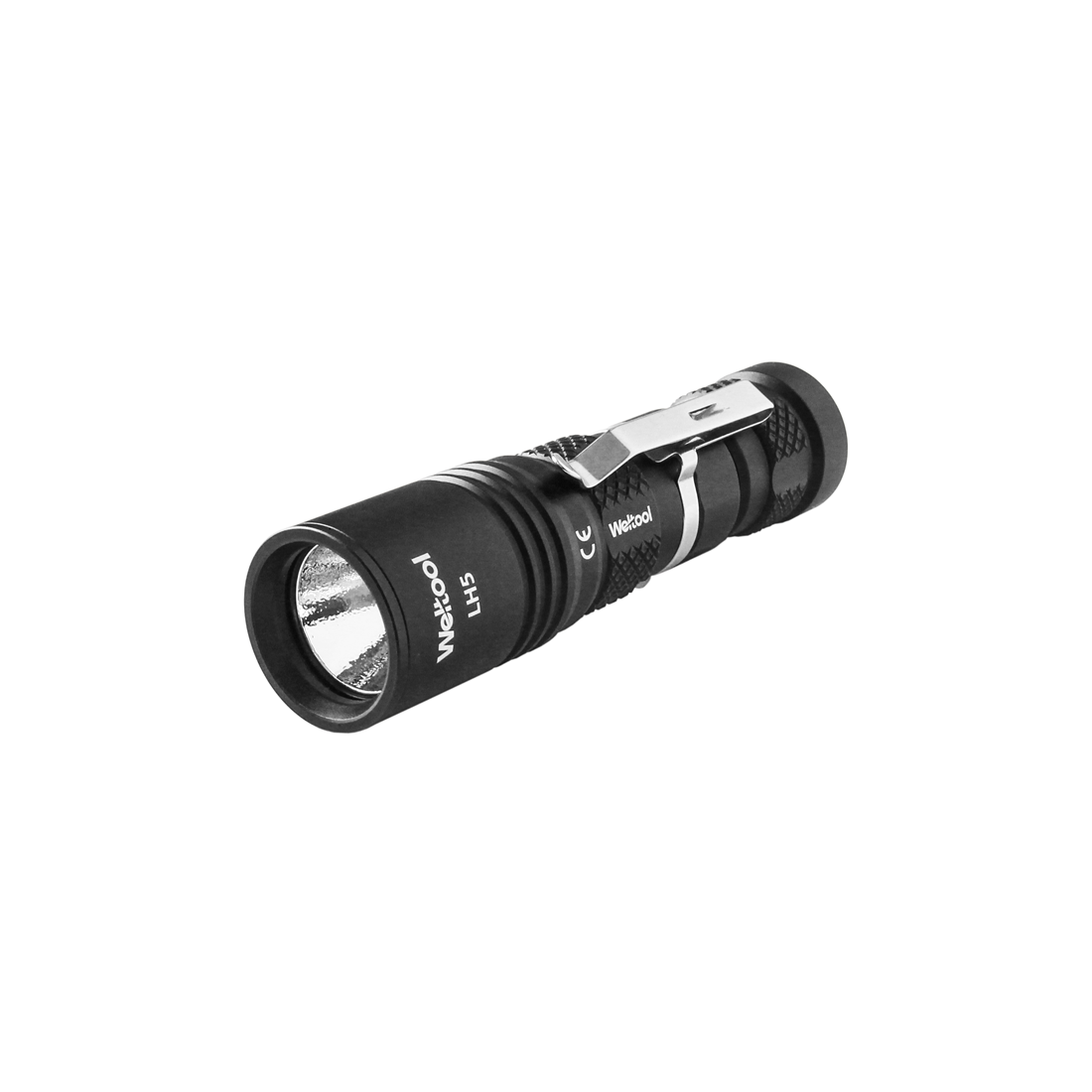 Weltool T13G EDC flashlight with pocket clip, side view