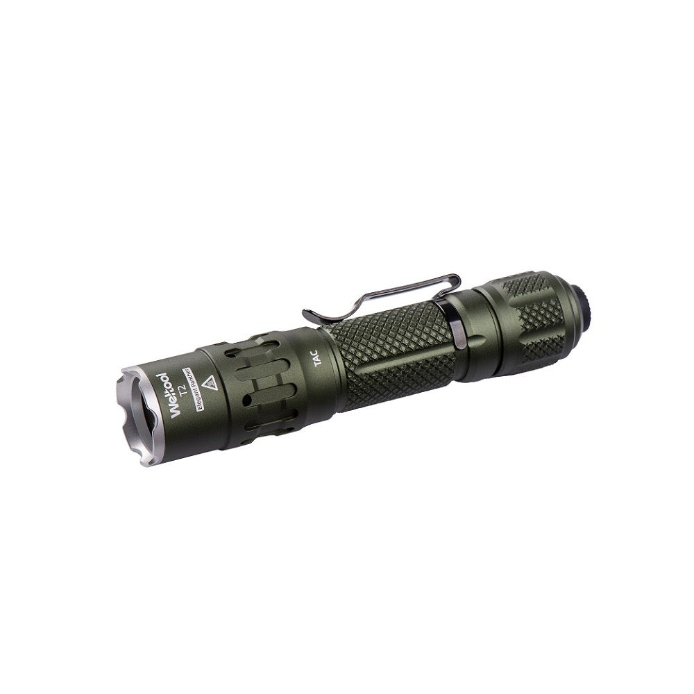 Weltool T2 TAC OD Green tactical flashlight, 1,900 lumens, front view