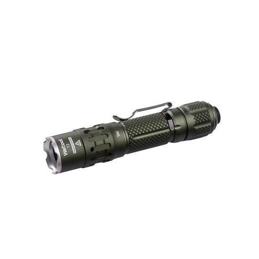 Weltool T2 TAC OD Green tactical flashlight, 1,900 lumens, front view