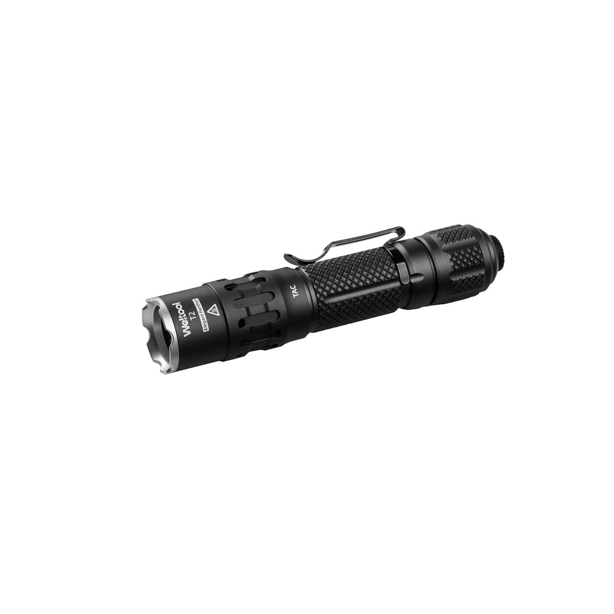 Weltool T2 TAC Black tactical flashlight, 1,900 lumens, front view