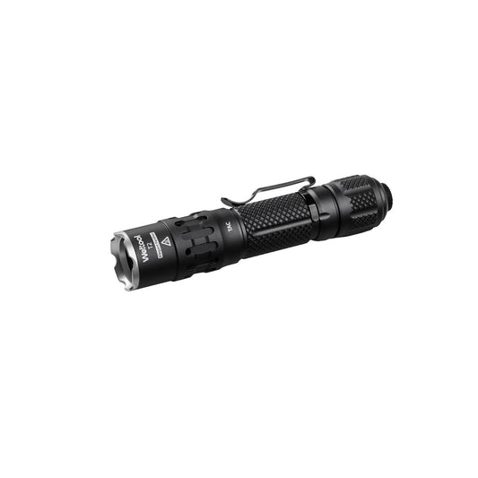 Weltool T2 TAC Black tactical flashlight, 1,900 lumens, front view