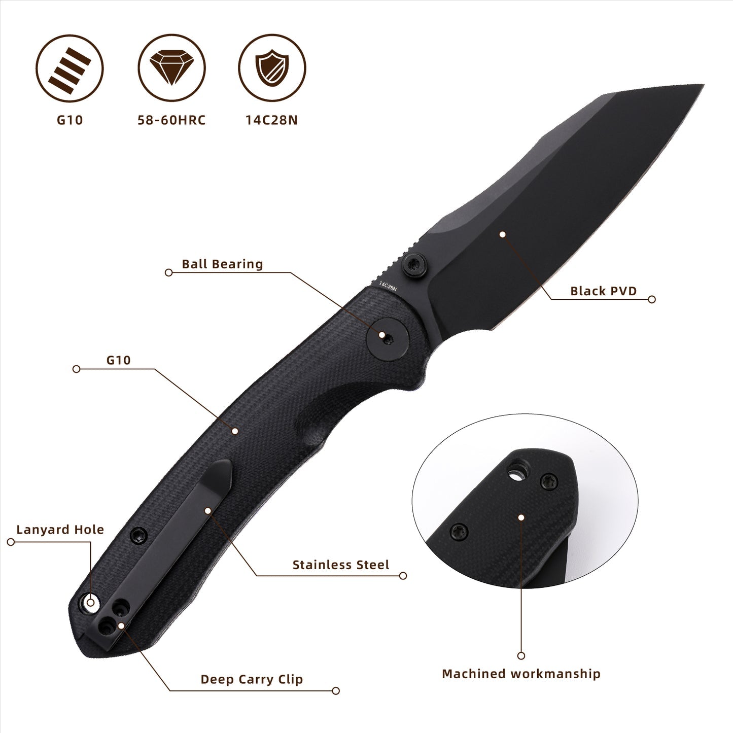 Wixco Axor WX15-A – 3.35" 14C28N Modified Sheepfoot Black G10 Liner Lock Knife