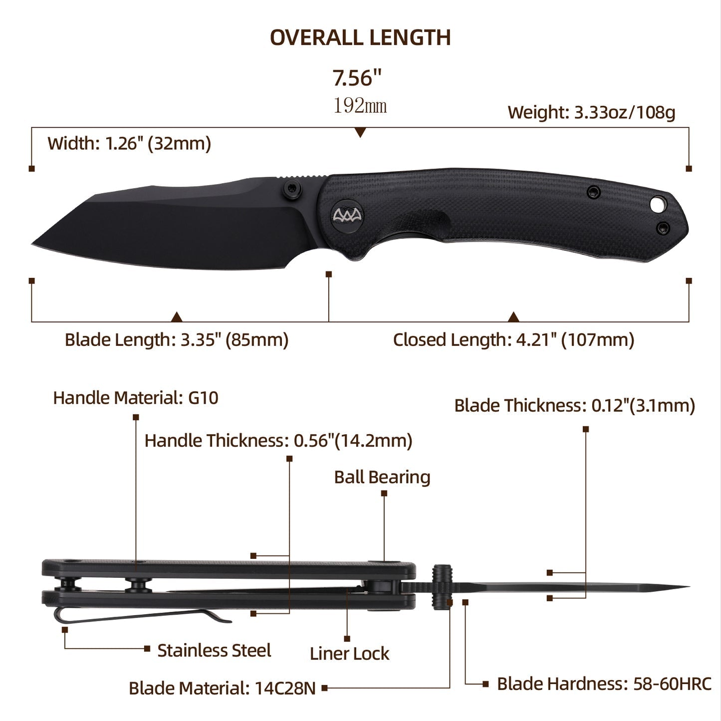 Wixco Axor WX15-A – 3.35" 14C28N Modified Sheepfoot Black G10 Liner Lock Knife