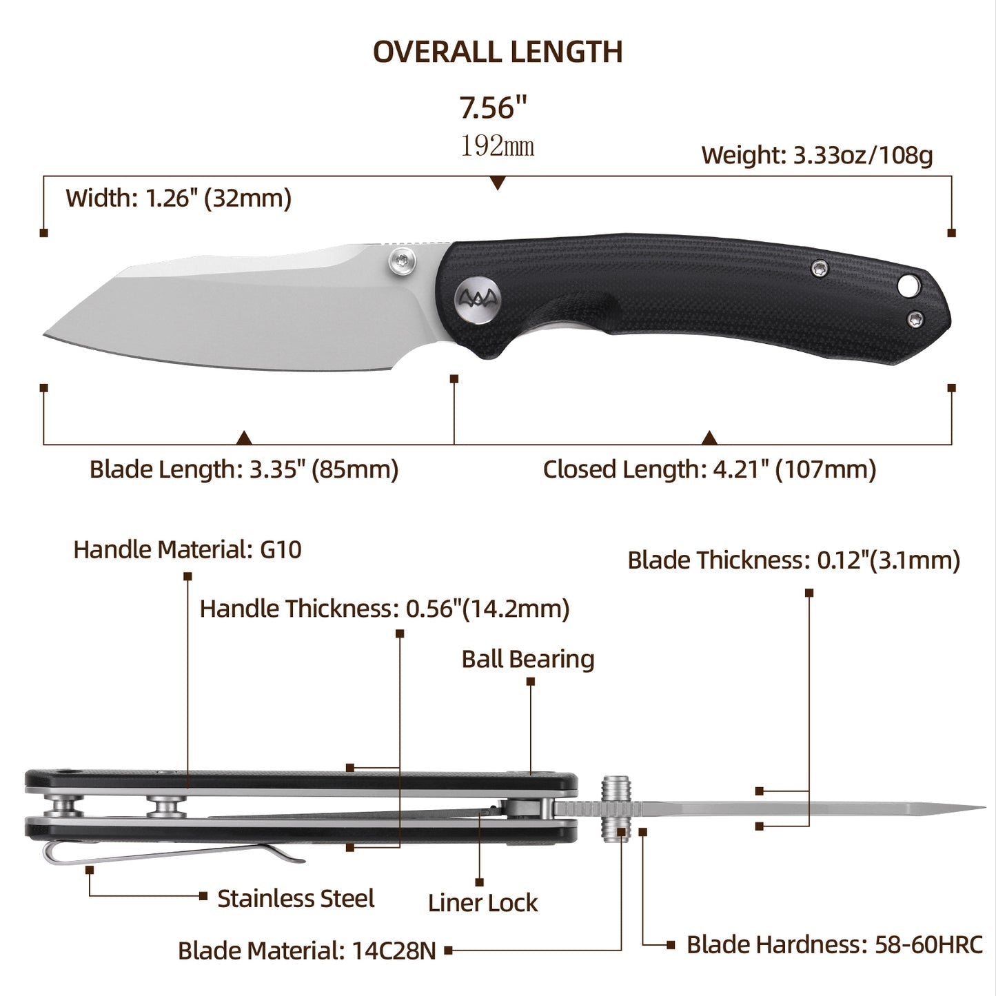 Wixco Axor WX15-B – 3.35" 14C28N Modified Sheepfoot Liner Lock Knife