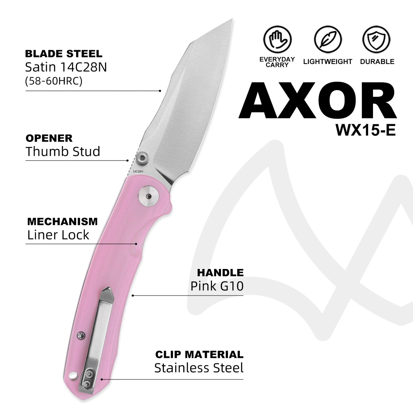 Wixco Axor WX15-E – 3.35" 14C28N Modified Sheepfoot Pink G10 Liner Lock Knife