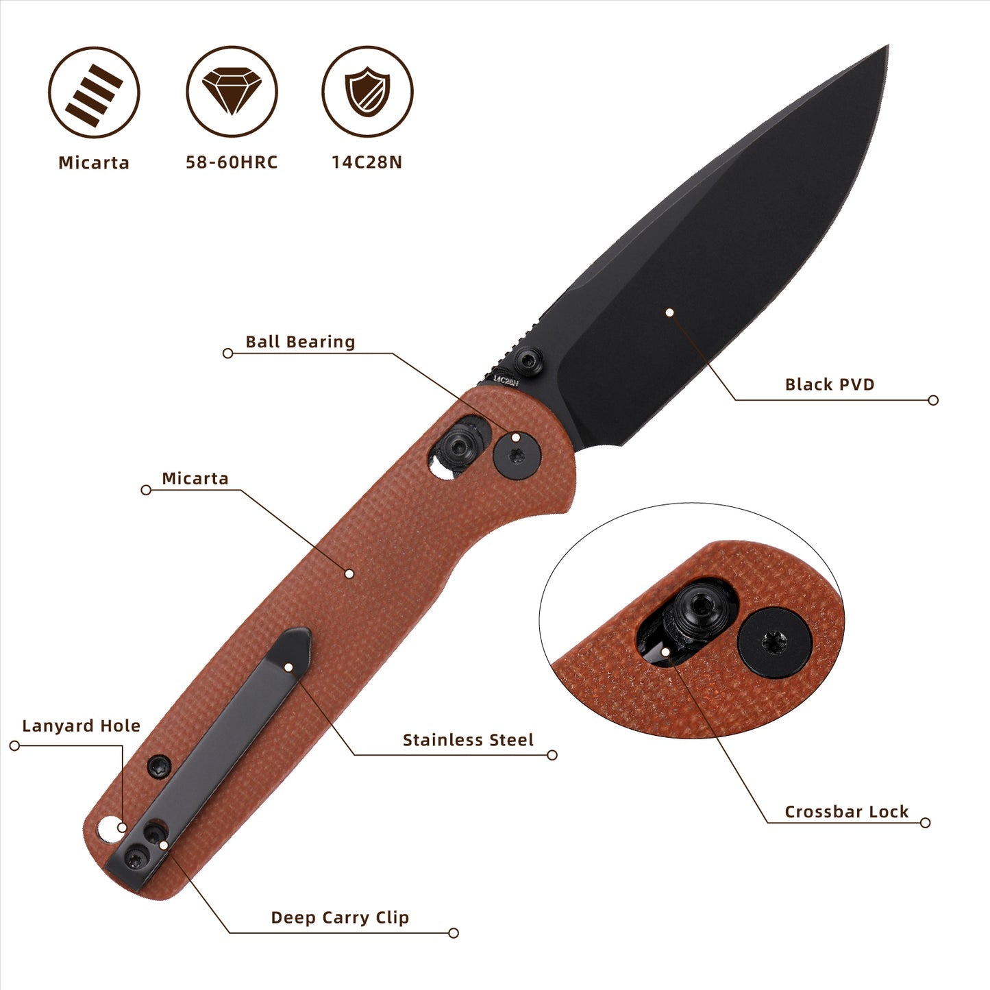 Wixco Drax WX10-A – 3.23" 14C28N Drop Point Crossbar Lock Micarta Knife