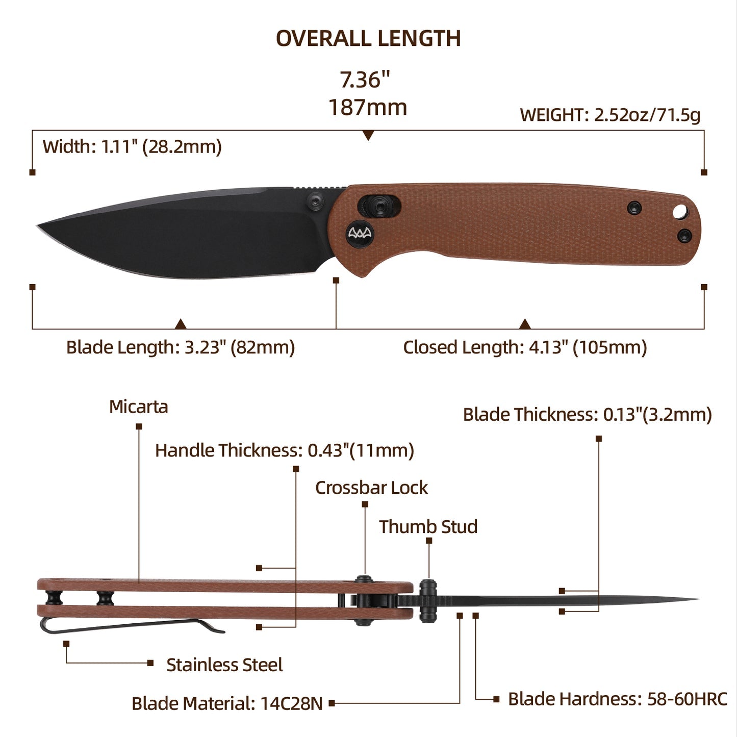 Wixco Drax WX10-A – 3.23" 14C28N Drop Point Crossbar Lock Micarta Knife