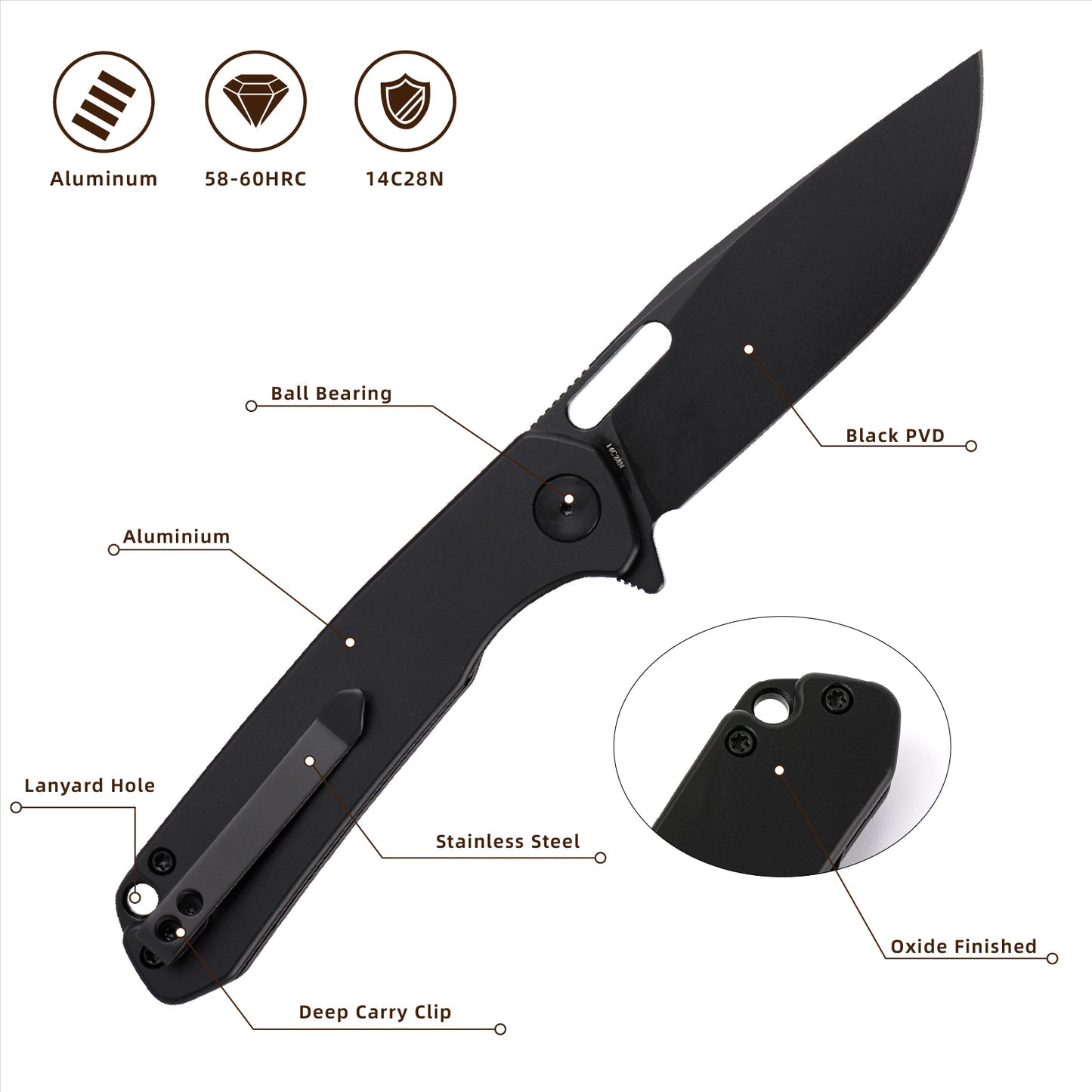 Wixco Pexston WX12-A – 3.3" 14C28N Clip Point Liner Lock Aluminum Knife