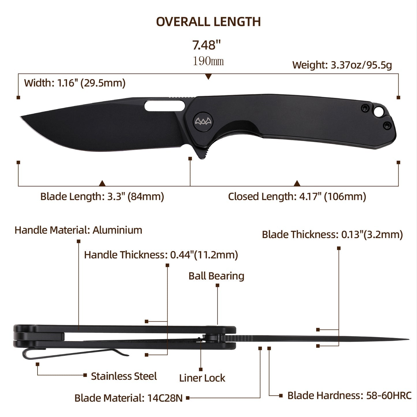 Wixco Pexston WX12-A – 3.3" 14C28N Clip Point Liner Lock Aluminum Knife