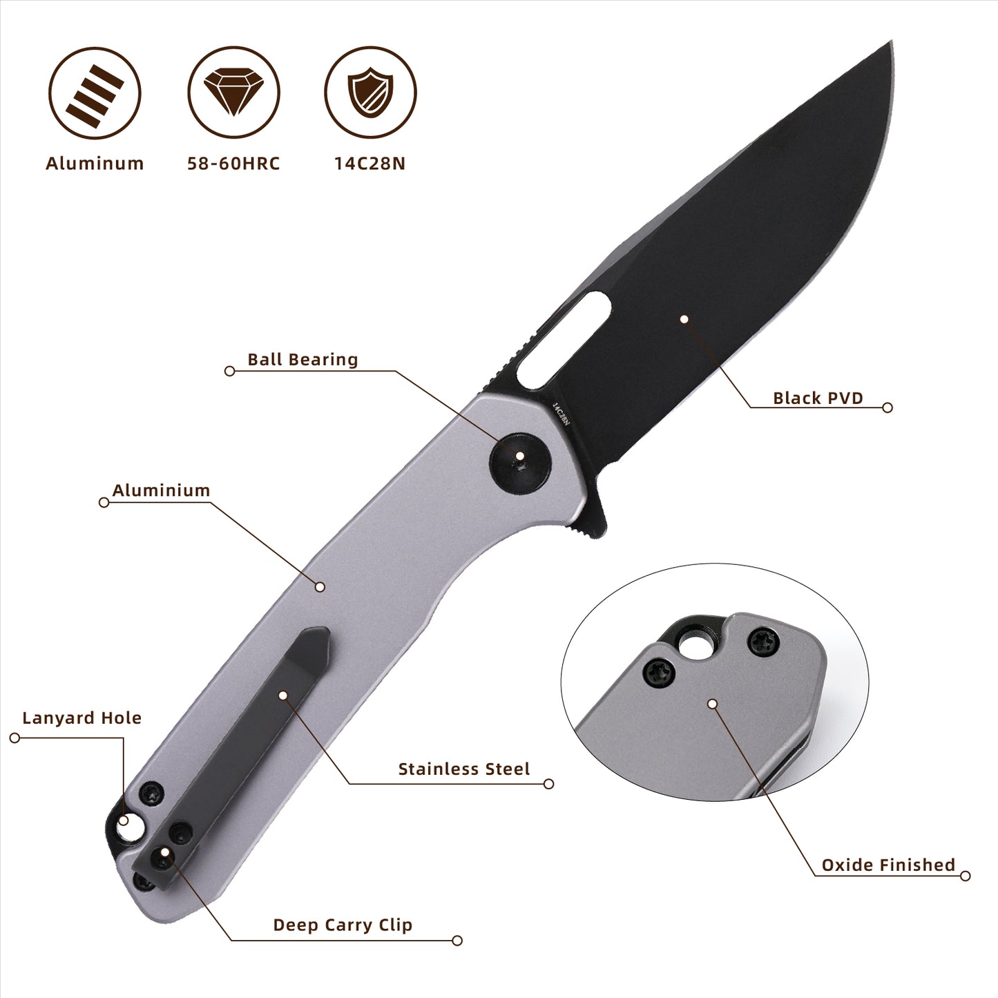 Wixco Pexston WX12-B – 3.3" 14C28N Clip Point Grey Aluminum Liner Lock Knife