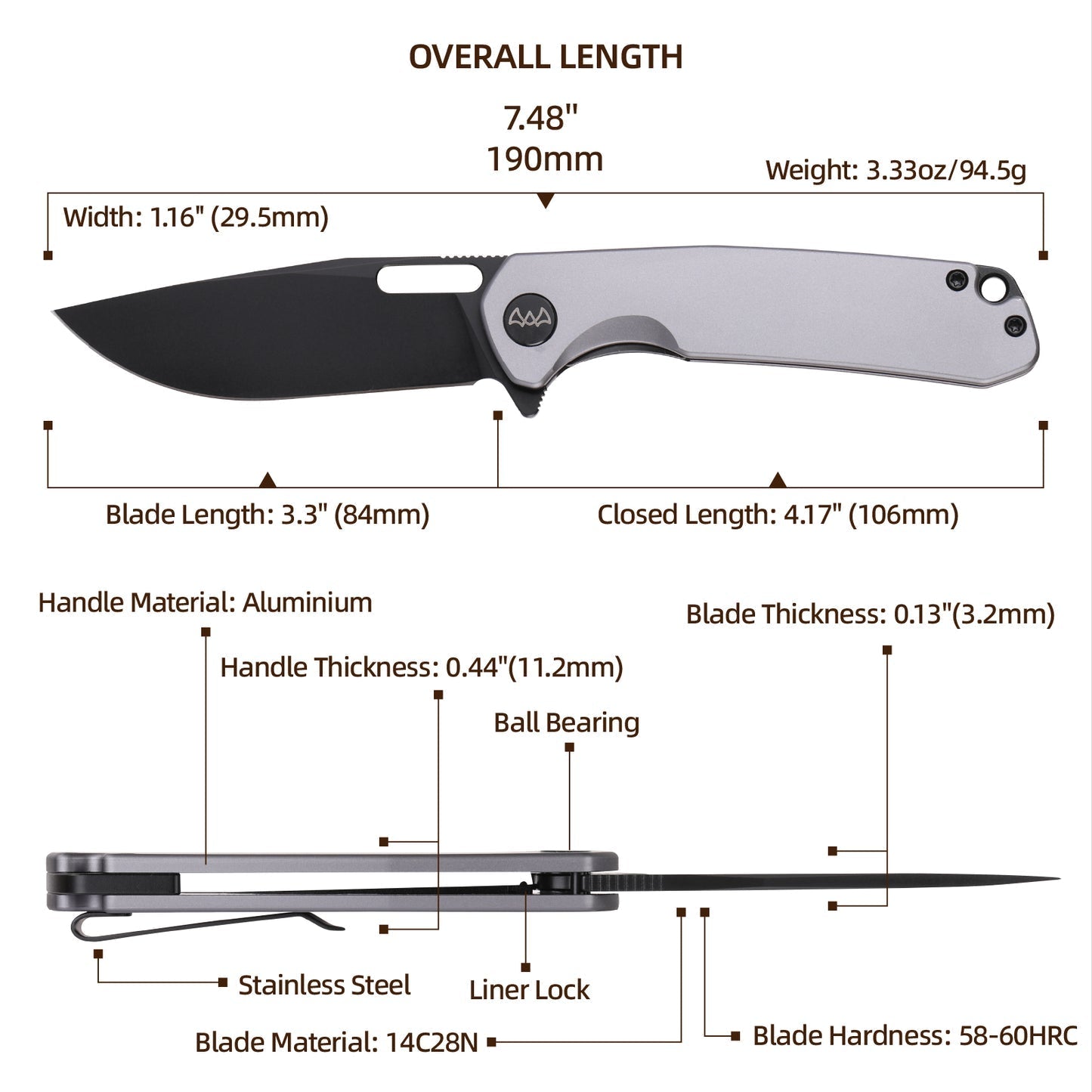 Wixco Pexston WX12-B – 3.3" 14C28N Clip Point Grey Aluminum Liner Lock Knife