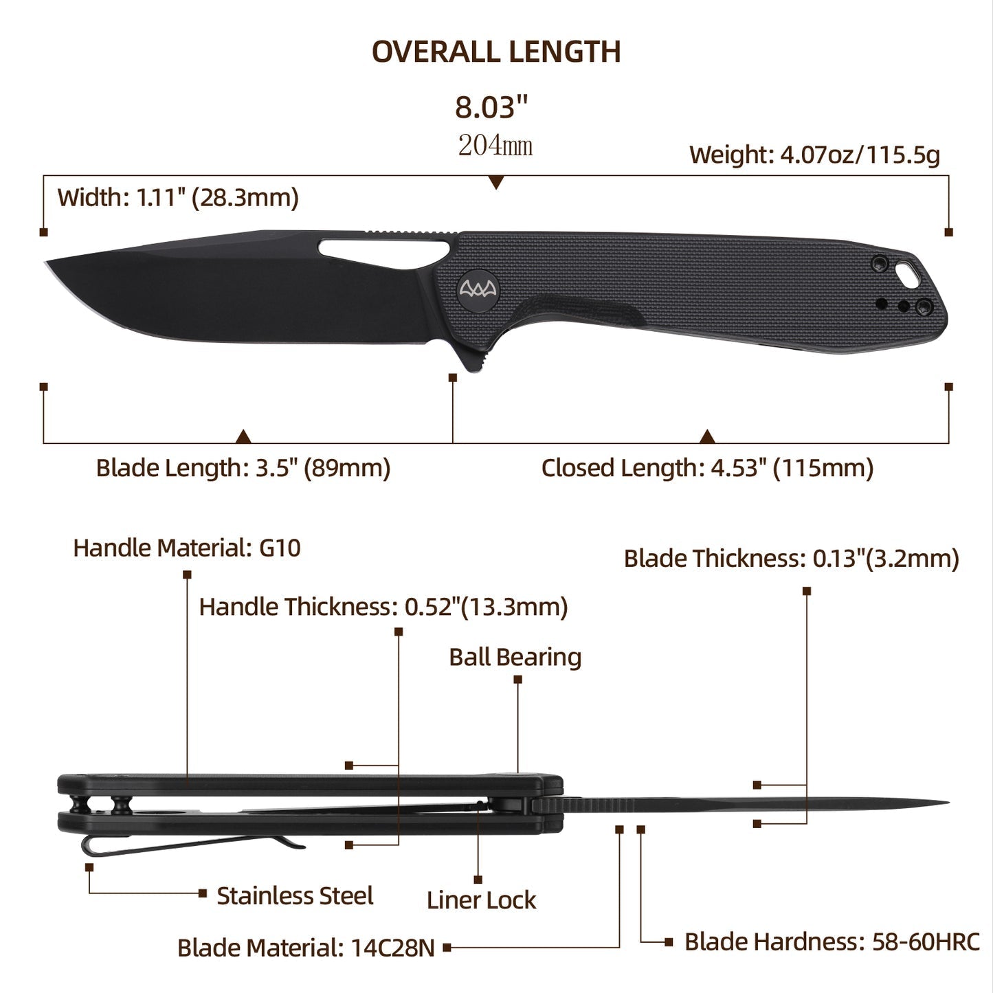 Wixco Ragnar WX11-A – 3.5" 14C28N Black G10 Liner Lock Flipper Knife