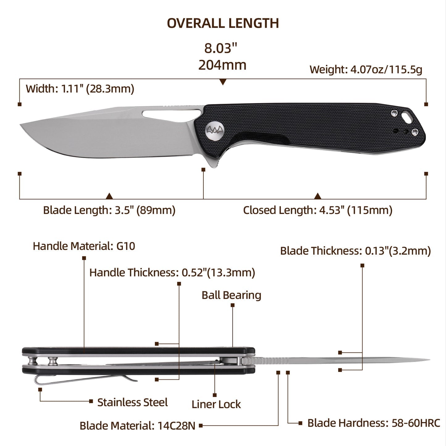 Wixco Ragnar WX11-B – 3.5" 14C28N Bead Blast Black G10 Liner Lock Knife