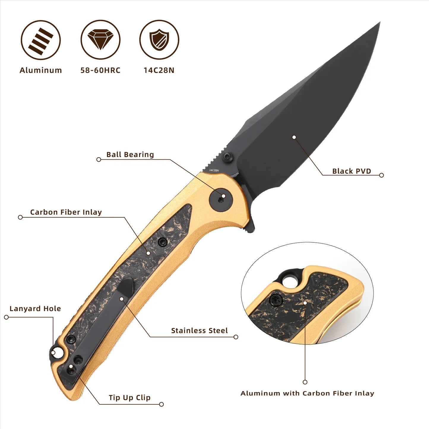Wixco SCORT WX14-B – 3.6" 14C28N Liner Lock Gold Aluminum Knife