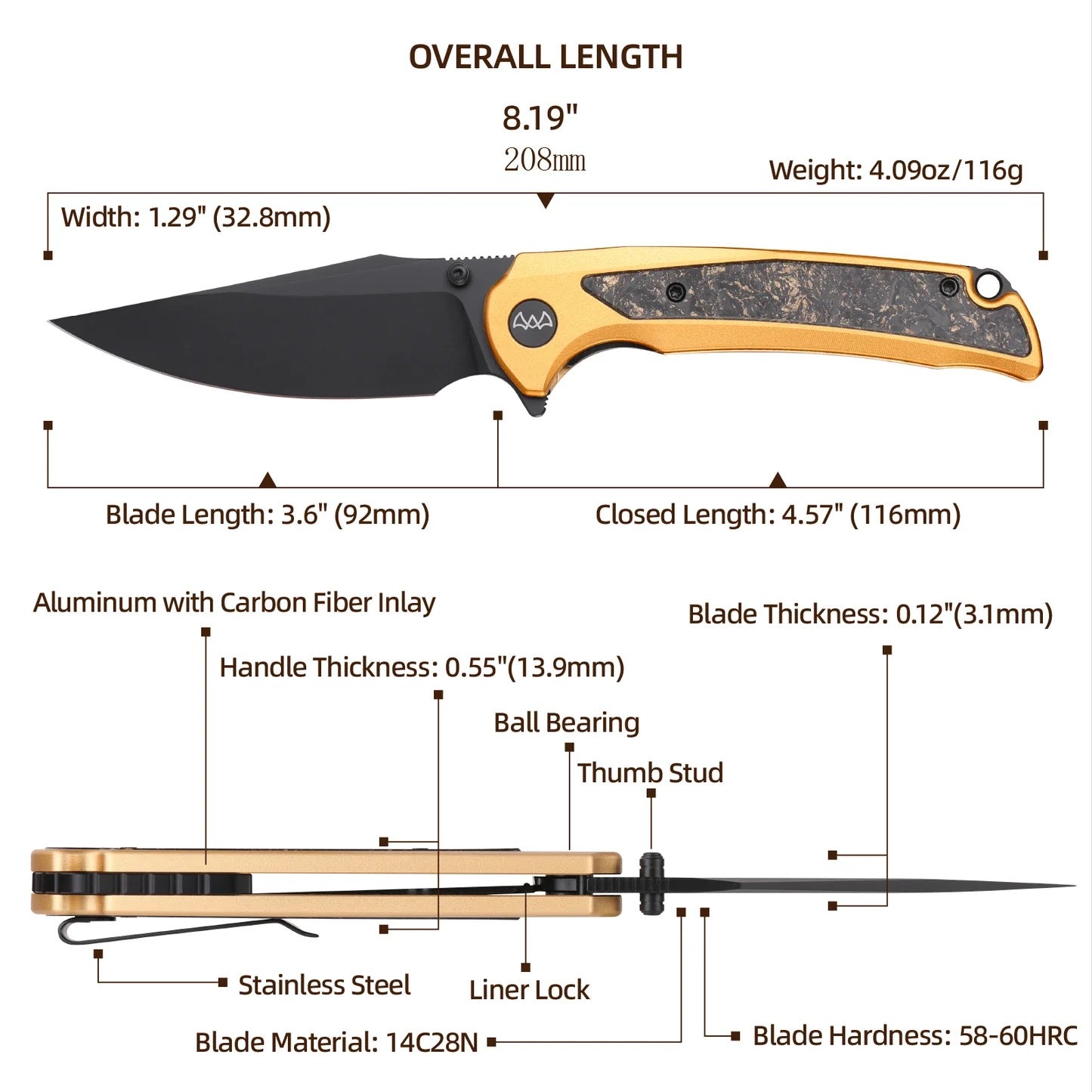 Wixco SCORT WX14-B – 3.6" 14C28N Liner Lock Gold Aluminum Knife