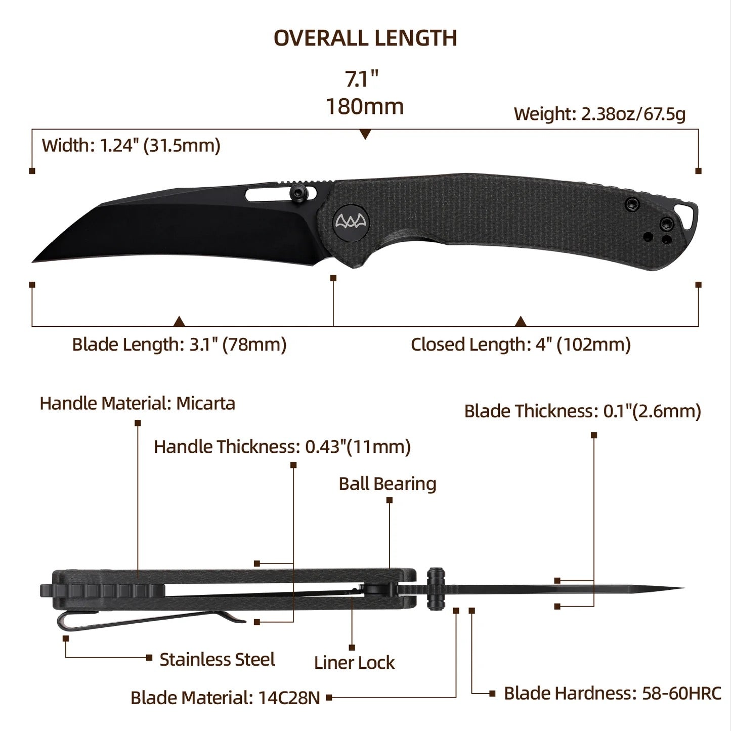 Wixco Wortex WX16-A – 3.1" 14C28N Liner Lock Black Micarta Knife