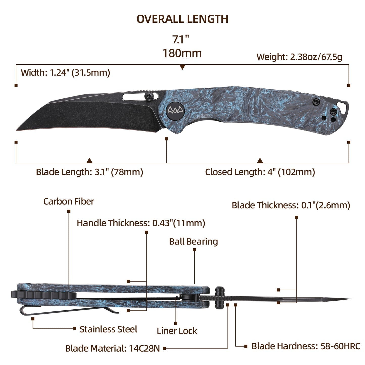Wixco Wortex WX16-C – 3.1" 14C28N Liner Lock Sky Blue Carbon Fiber Knife
