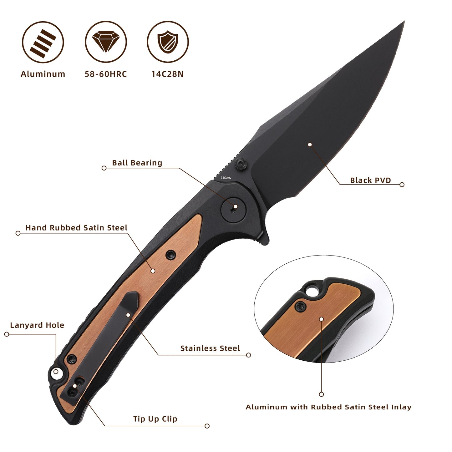 Wixco WX14-C – 3.6" 14C28N Black Aluminum Liner Lock Flipper Knife