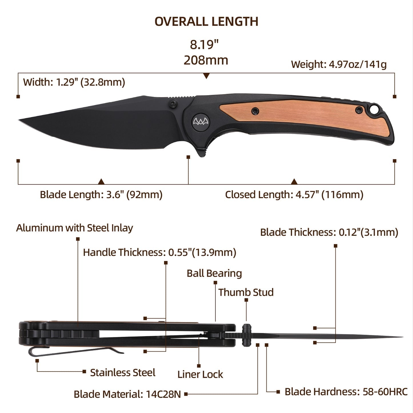 Wixco WX14-C – 3.6" 14C28N Black Aluminum Liner Lock Flipper Knife
