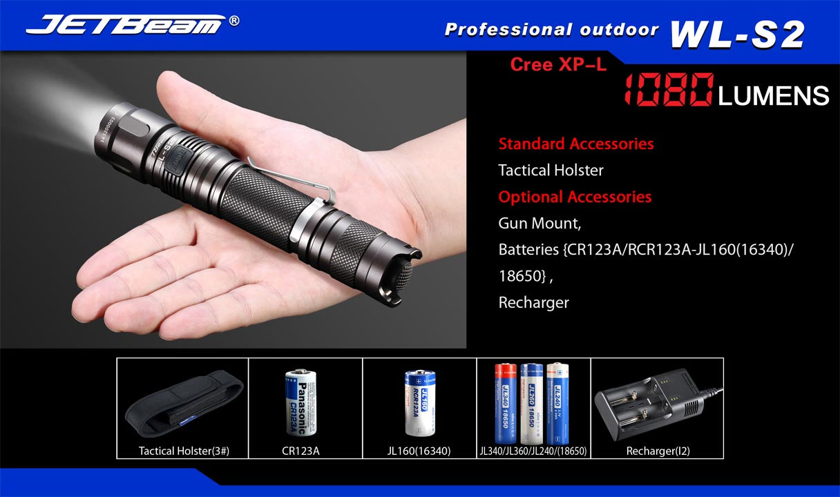 JetBeam WL-S2 1 x (R)CR123A, 18650 AA / 2 x (R)CR123A CREE XP-L 1080 Lumens LED Flashlight