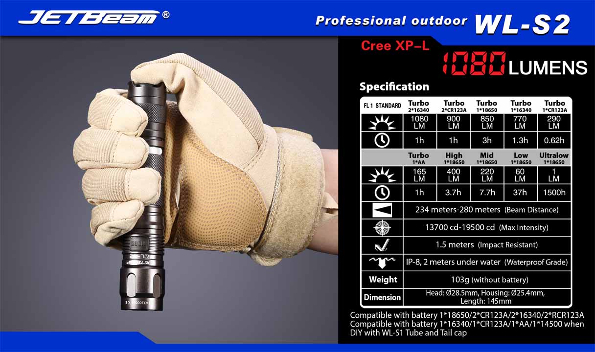 JetBeam WL-S2 1 x (R)CR123A, 18650 AA / 2 x (R)CR123A CREE XP-L 1080 Lumens LED Flashlight