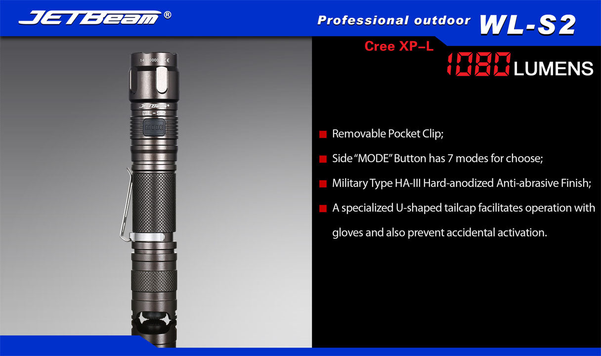 JetBeam WL-S2 1 x (R)CR123A, 18650 AA / 2 x (R)CR123A CREE XP-L 1080 Lumens LED Flashlight
