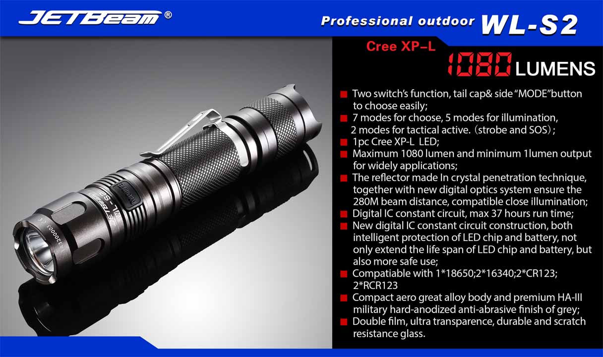 JetBeam WL-S2 1 x (R)CR123A, 18650 AA / 2 x (R)CR123A CREE XP-L 1080 Lumens LED Flashlight