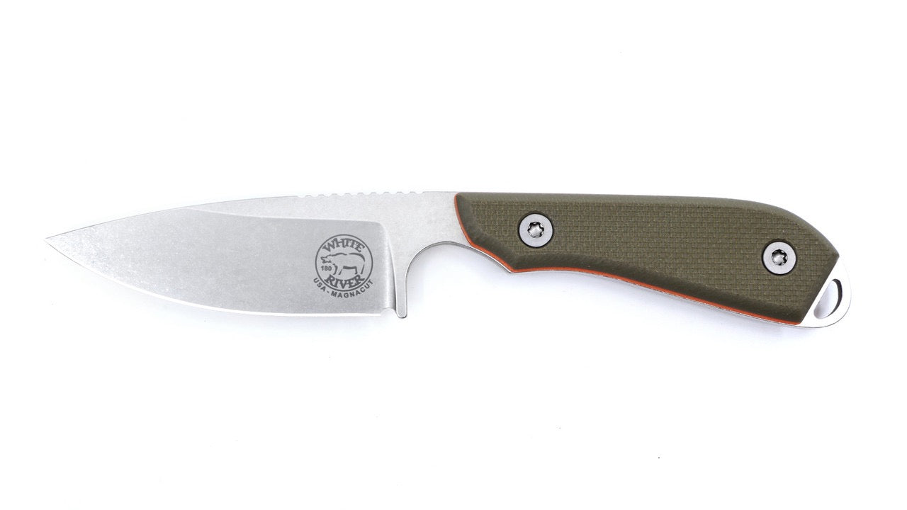 White River M1 Pro WRM1-TGO-MAG front view – 3″ stonewashed CPM MagnaCut drop point fixed blade knife