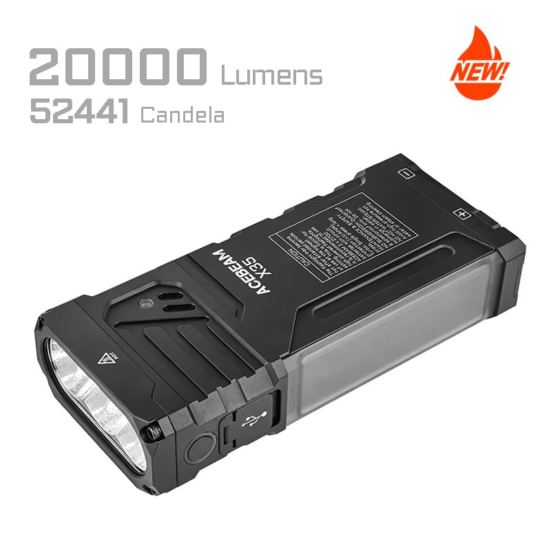 Acebeam X35 front view – 20,000 lumen multi-light searching flashlight