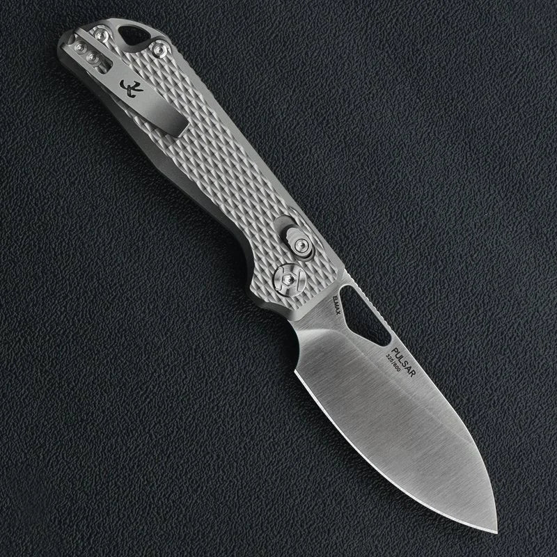 Kunwu Pulsar X705T-1 front view – 3.34" satin Elmax drop point, gray diamond textured titanium handle, XT Lock
