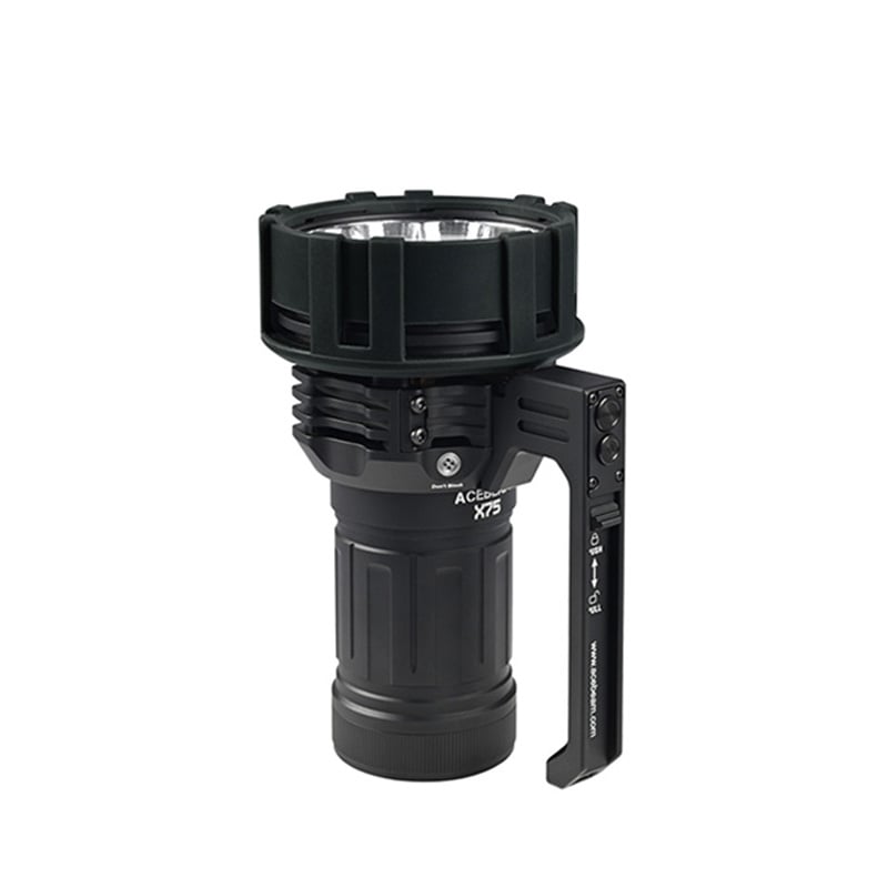 Acebeam X75 XHP70.3 front view – 67,000 lumen high-power search flashlight