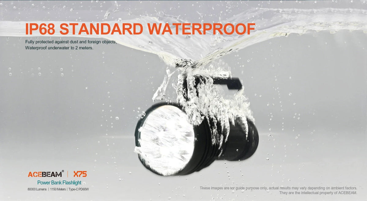 Acebeam X75 XHP70.3 IP68 waterproof rating demonstration