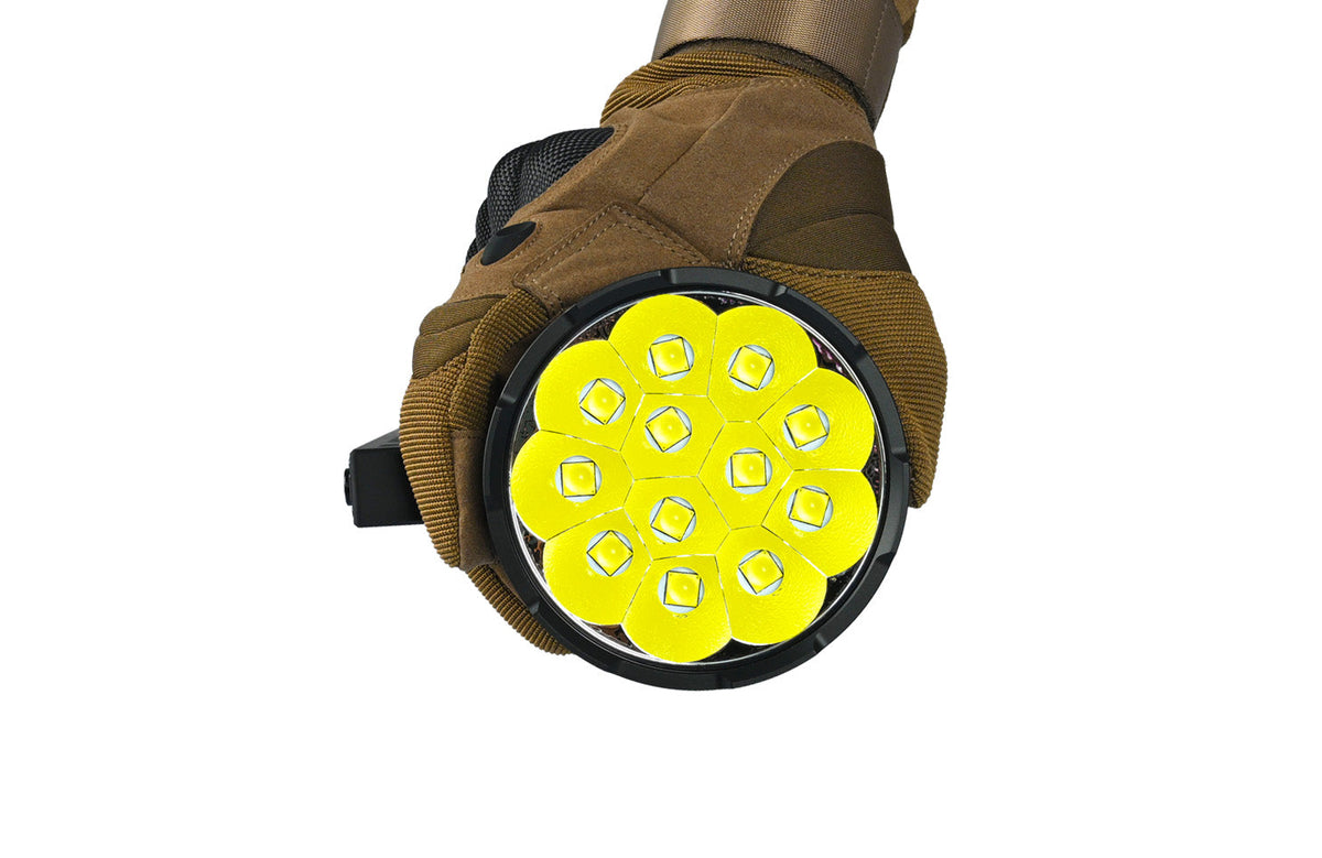 Acebeam X75 XHP70.3 size comparison – 12-LED head held in gloved hand