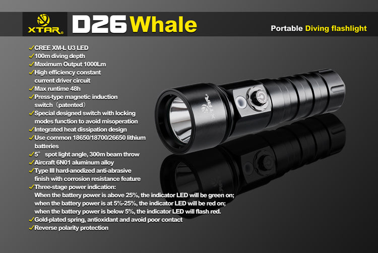XTAR D26 Whale CREE XM-L U3 1000 Lumen 1x 18650/18700/26650 Diving Light