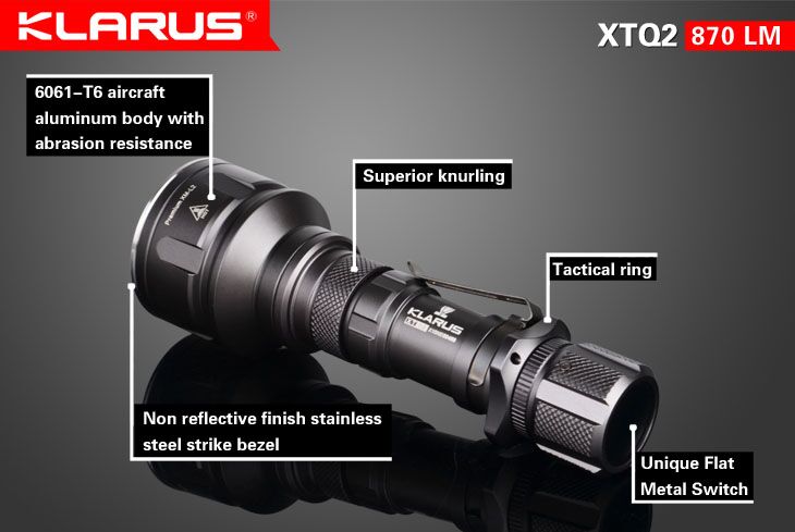 Klarus XTQ2 2x CR123A / 1x 18650 870 Lumens Cree XM-L2-U2 LED Flashlight