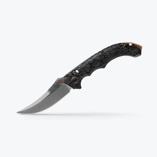 Benchmade Mini Bedlam 865-02 front view – 3.45″ stonewash CPM-S90V scimitar folding knife