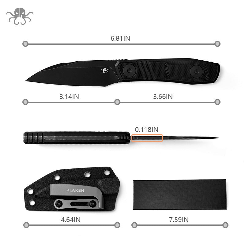 Klaken Z068 Phantom Z068-black black stonewashed finish detail with dimensions – 6.81″ overall, 3.14″ blade, 3.66″ handle