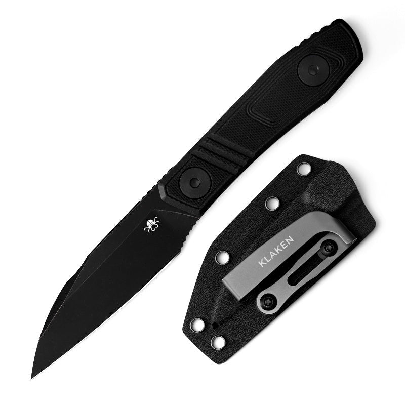 Klaken Z068 Phantom Z068-black front view – 3.14″ black stonewashed 14C28N fixed blade knife with black G10 handle and Kydex sheath