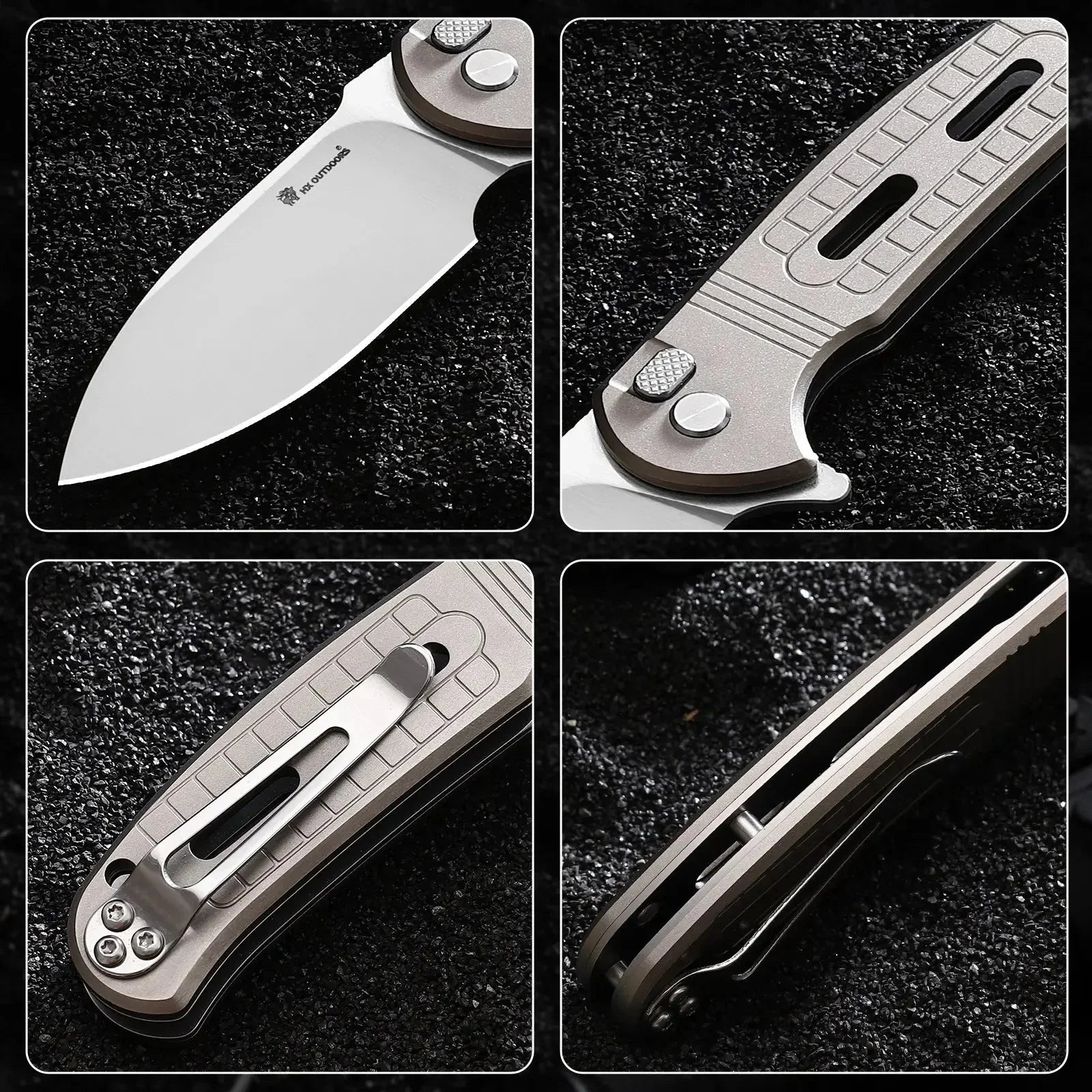 HX Outdoors Rock Sapphire ZD-119S silver titanium handle detail