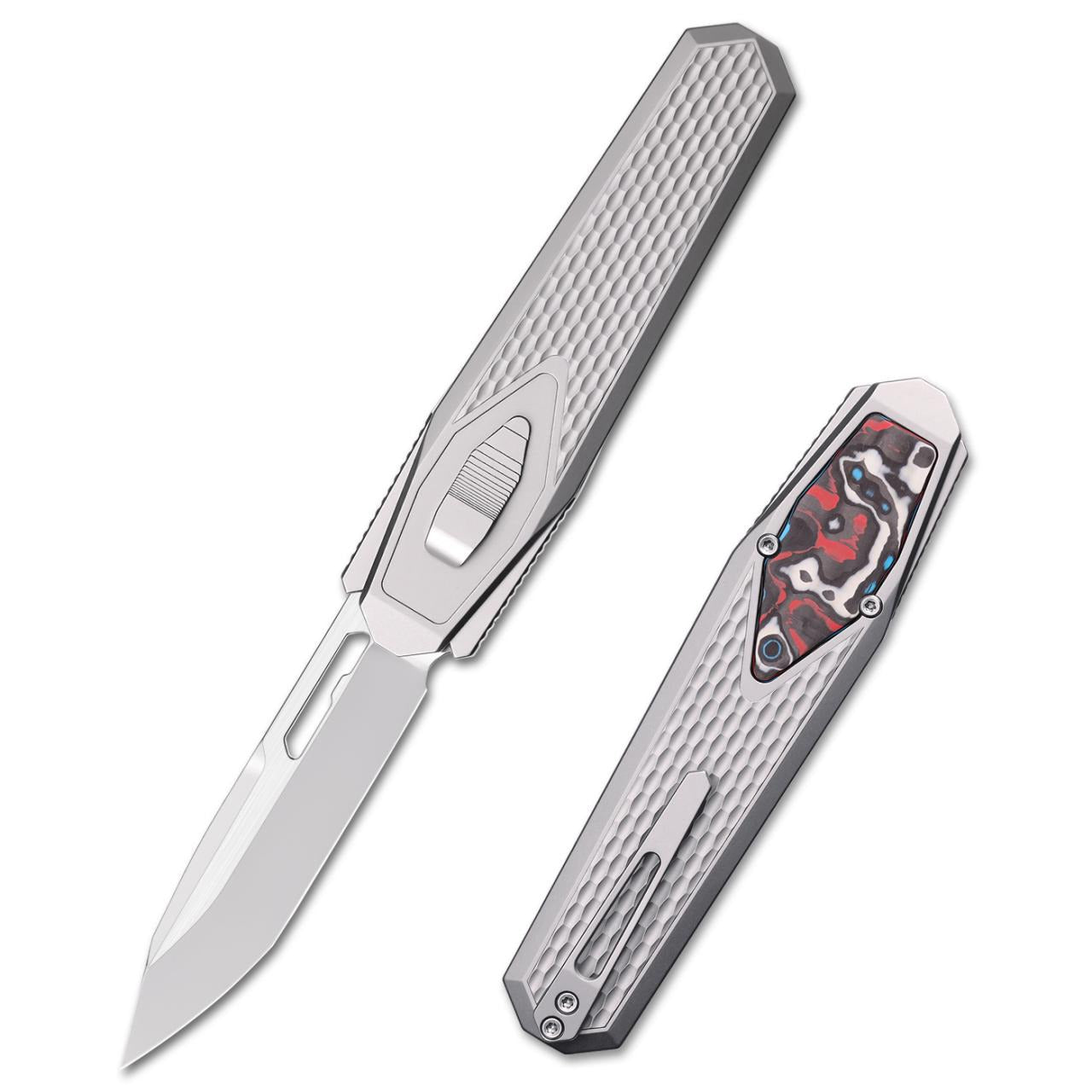 Remette Swordfish ZL101A3 – 3.03″ M390 drop point, titanium with red mosaic inset, slide lock folding knife